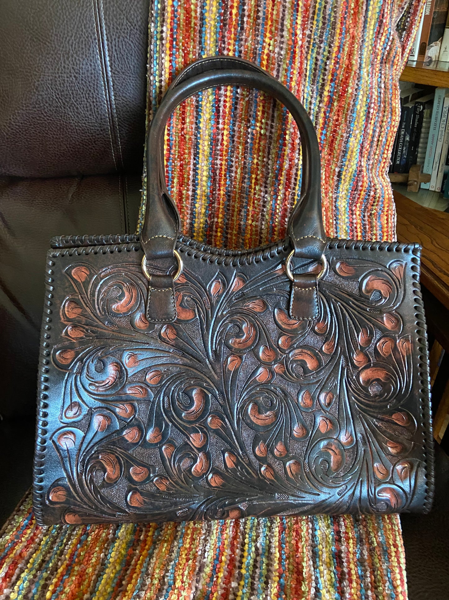 Cheyenne handmade tooled leather purse antique mahogany front
