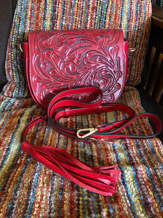 Cuzco Handmade Tooled Leather Crossbody Purse Red Front