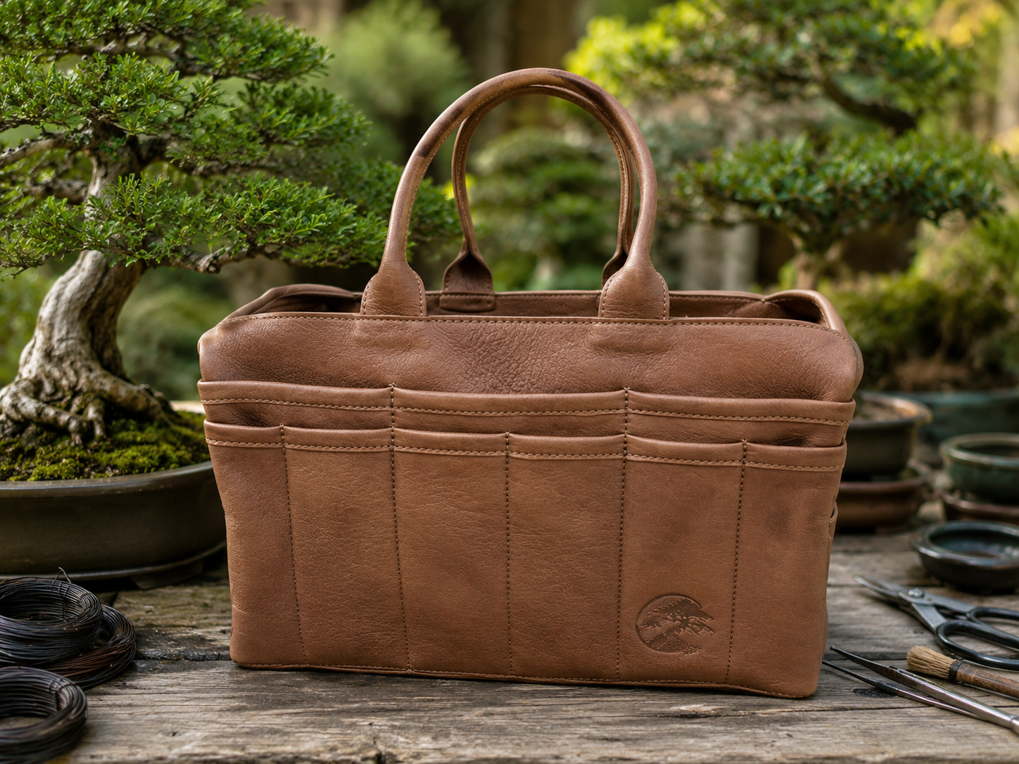 A brown leather Bonsai tote bag with dual top handles and multiple front pockets, displayed on a rustic wooden surface with bonsai trees and gardening tools in the background.