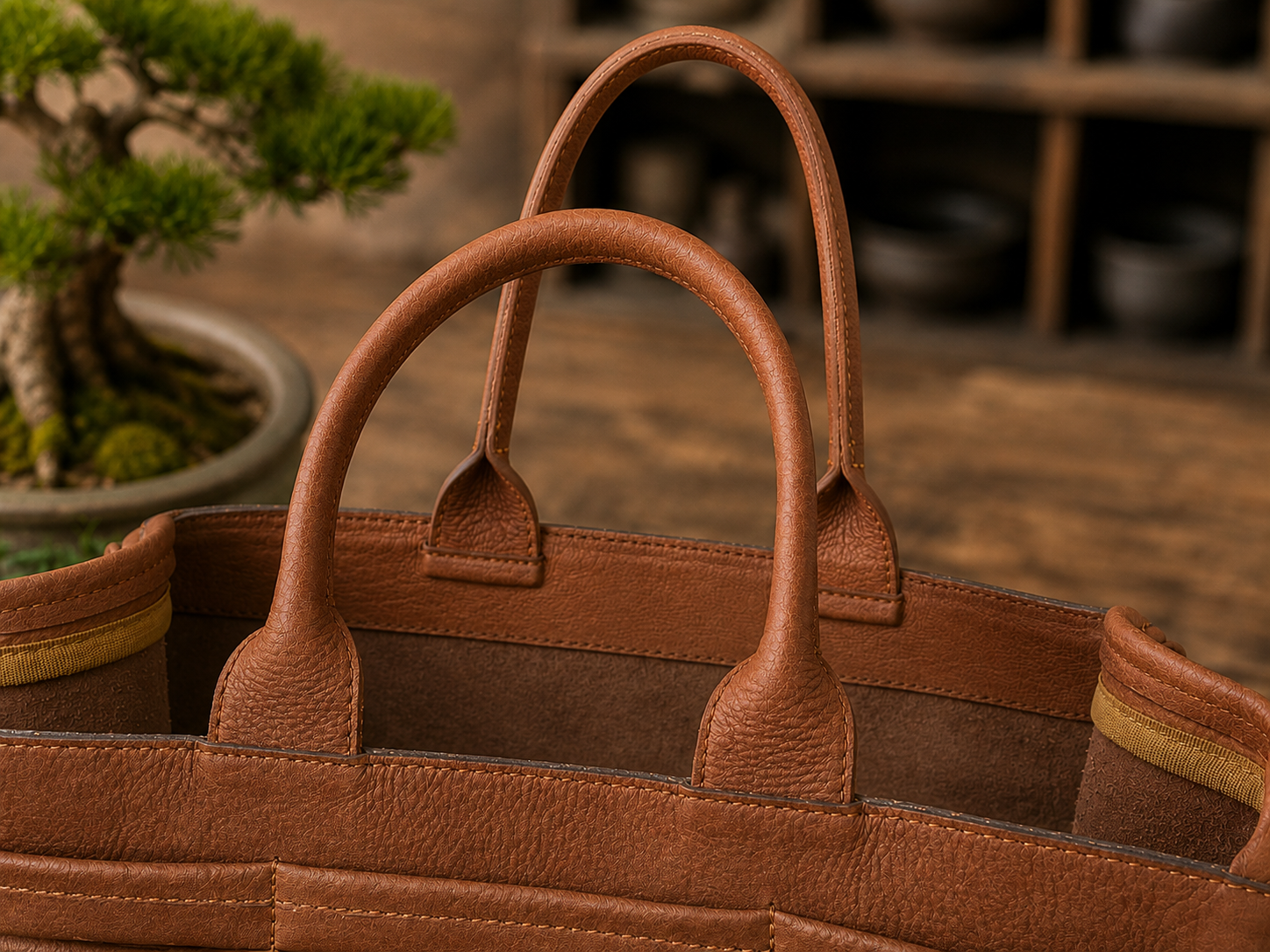 A close-up of a brown leather Bonsai bag with dual top handles, set against a warm, blurred background featuring a wooden surface and a small bonsai tree.