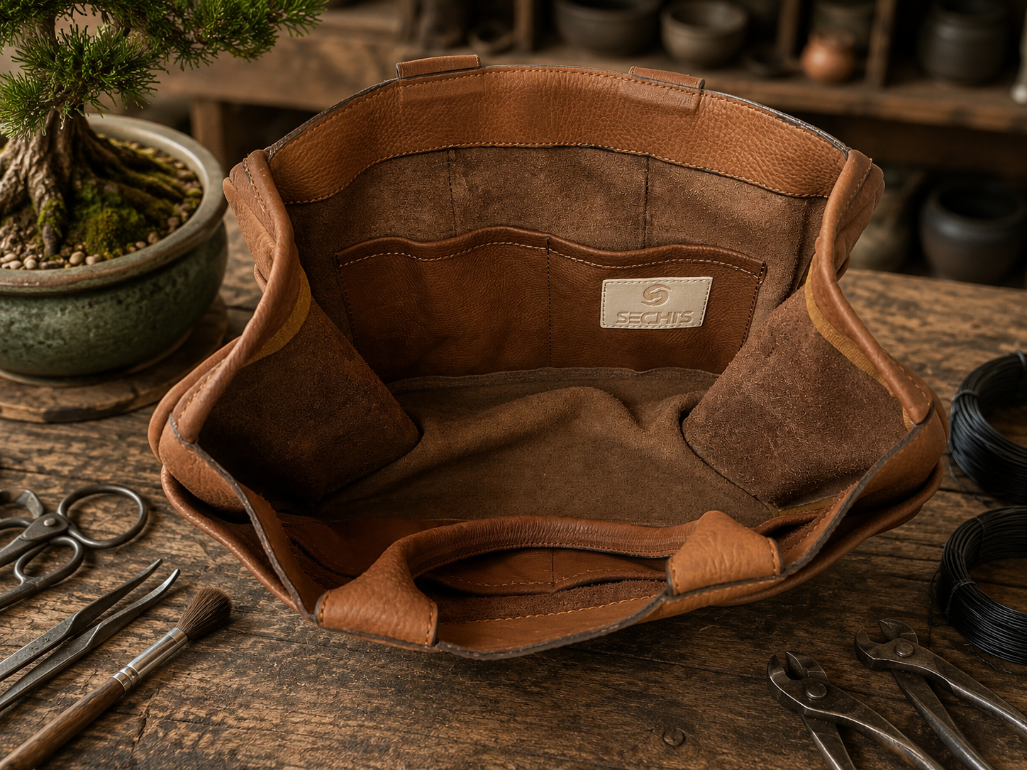 A brown leather Bonsai bag shown open on a rustic wooden workbench, with tools and a bonsai plant around it. A small interior label reads SECHI'S.