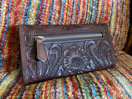 Merida handmade tooled leather clutch purse back