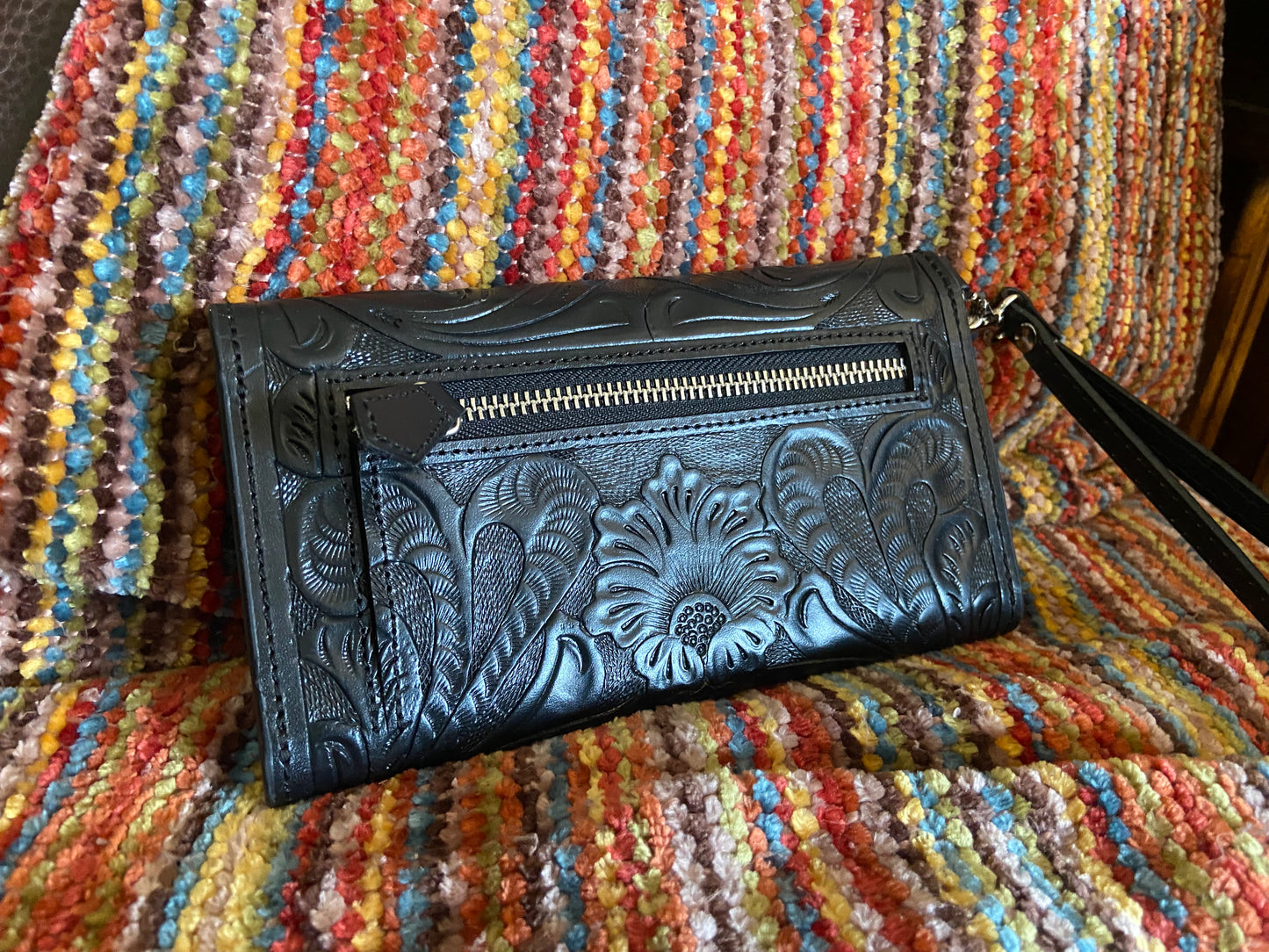Merida handmade tooled leather clutch purse black front