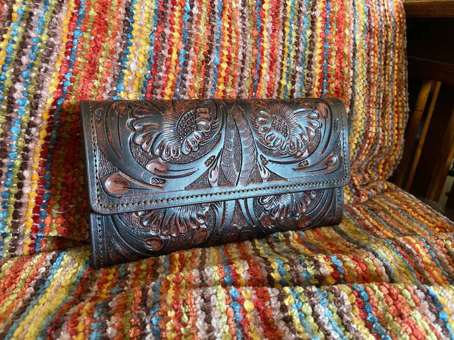 Merida handmade tooled leather clutch purse brown front
