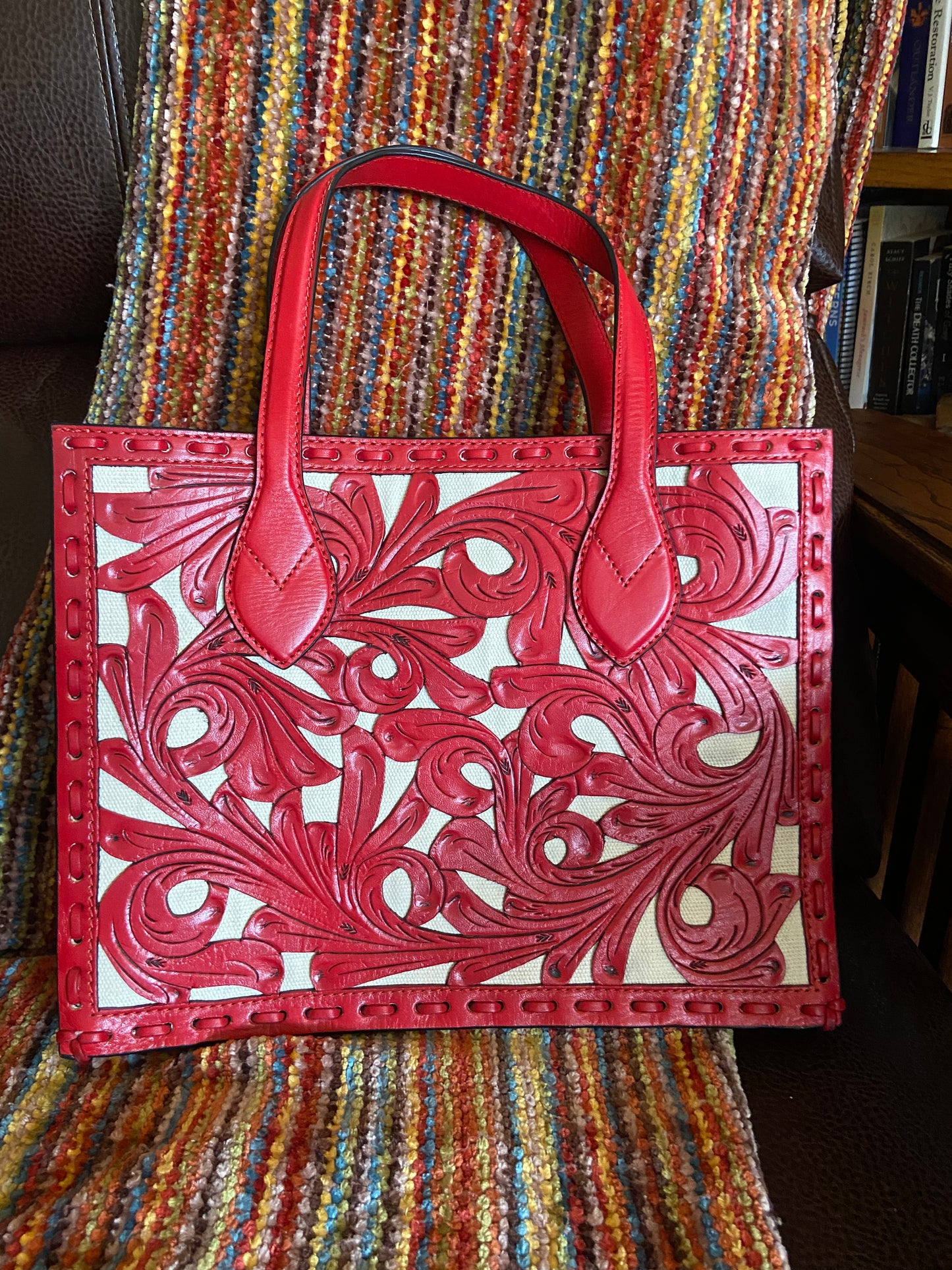Navajo handmade tooled leather purse Red Back