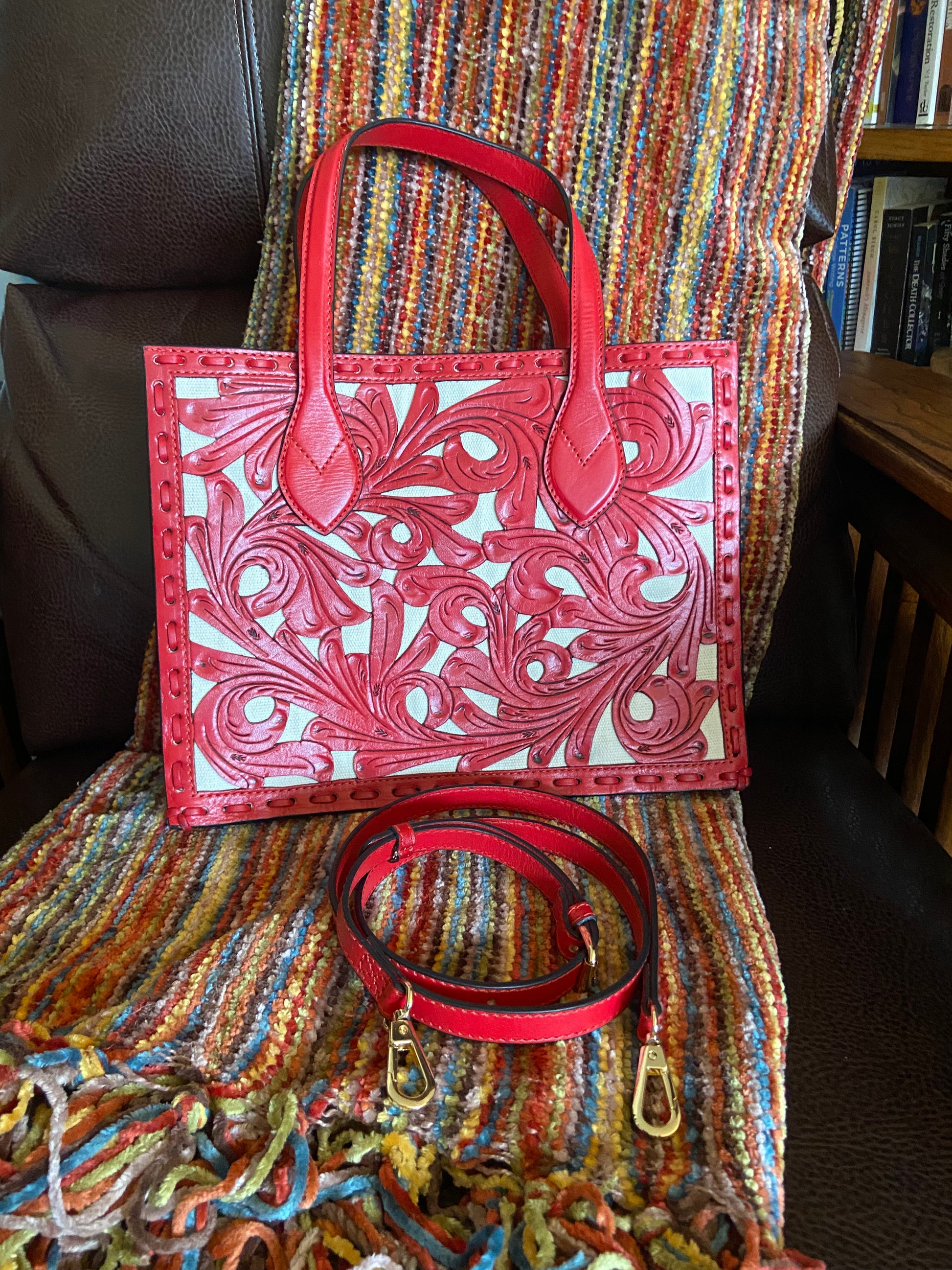 Navajo handmade tooled leather purse Red Front