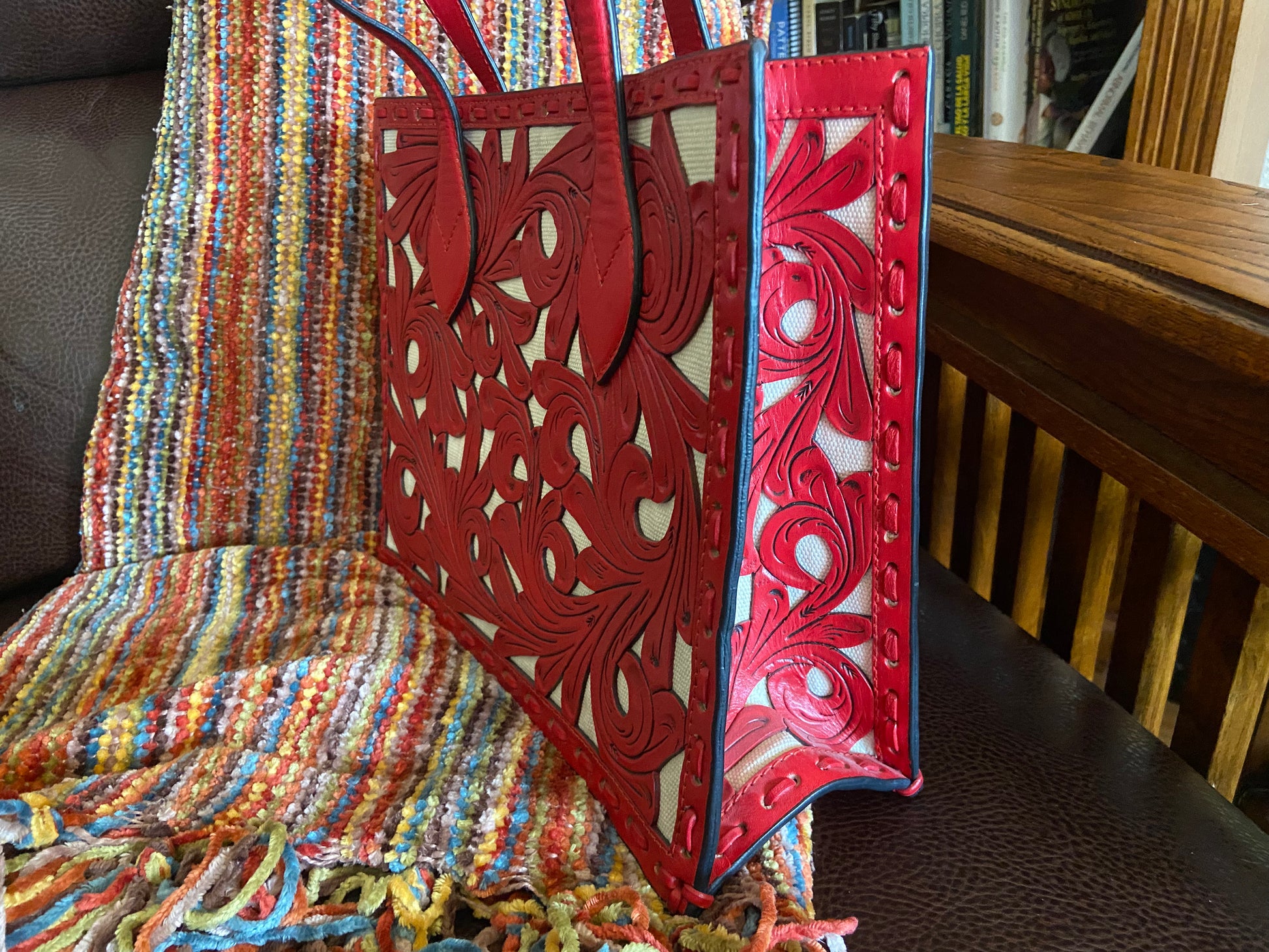 Navajo handmade tooled leather purse Red Side Detail