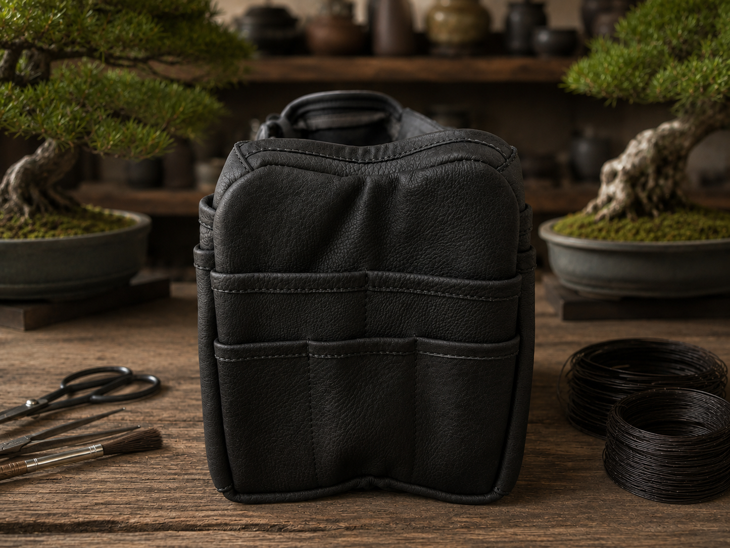 A black leather Bonsai bag with multiple front pockets, displayed on a wooden table with bonsai trees and crafting tools in the background.