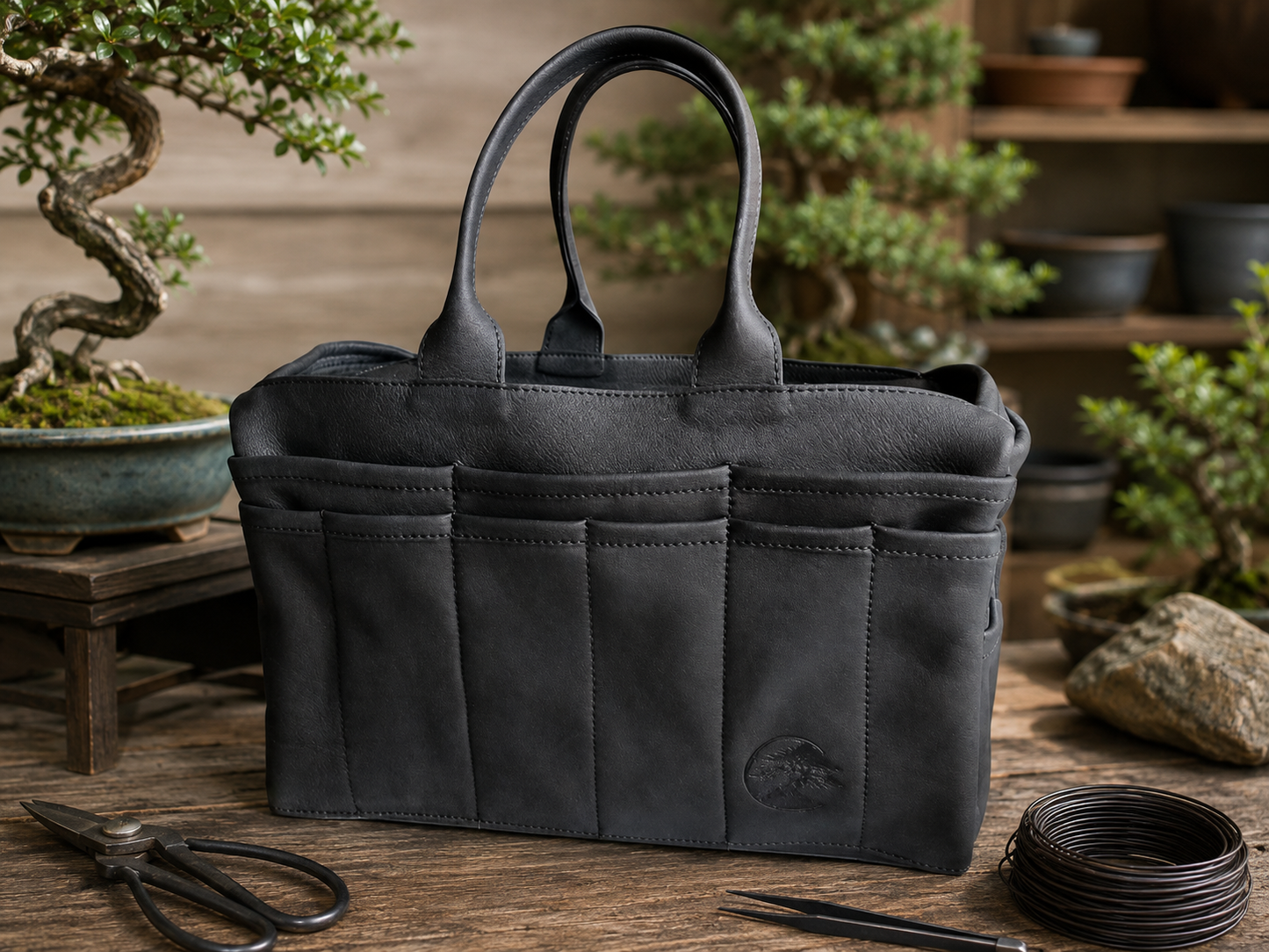 A black leather Bonsai tote bag with dual top handles, set on a rustic wooden table surrounded by bonsai trees, gardening tools, and soil.