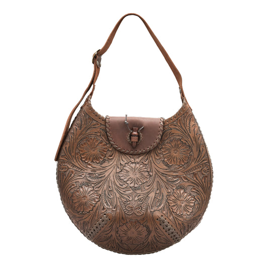 Atzlan handmade tooled leather purse mahogany front