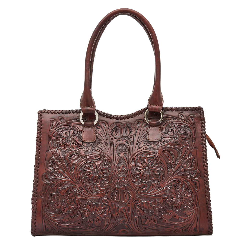 Cheyenne handmade tooled leather purse caramel front