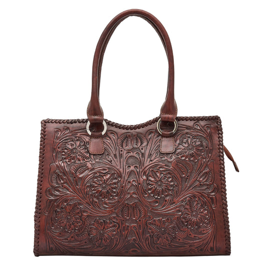 Cheyenne handmade tooled leather purse caramel front