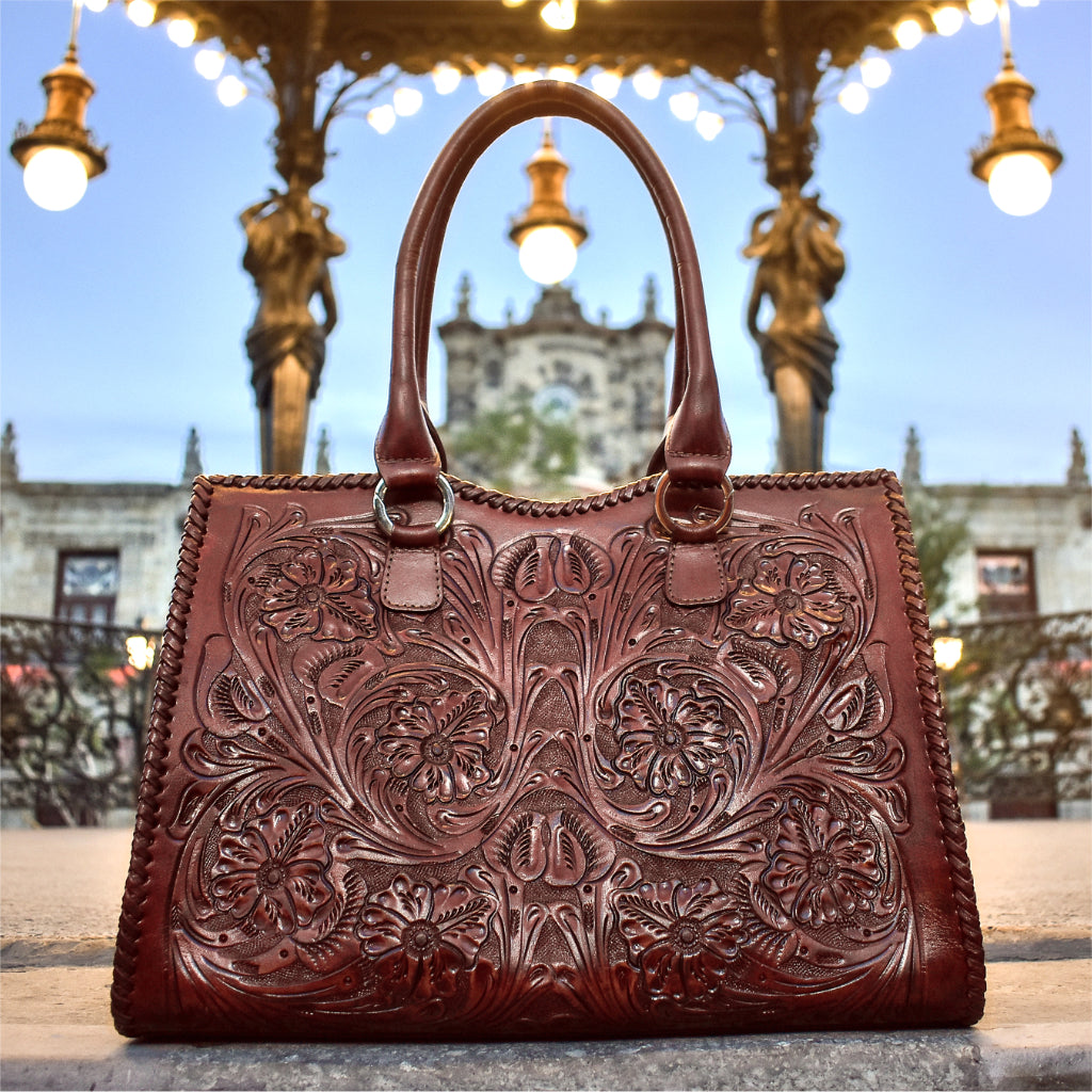 Cheyenne handmade tooled leather purse caramel outside