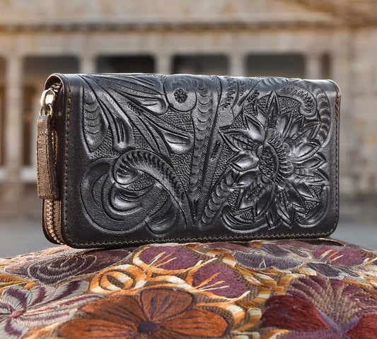 Chocho handmade tooled leather clutch purse black front