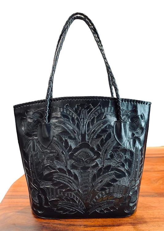 Luna handmade tooled leather purse black front