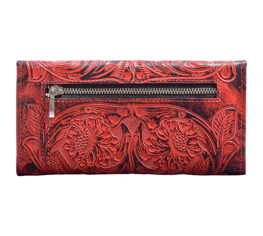 Maya handmade tooled leather clutch purse red back