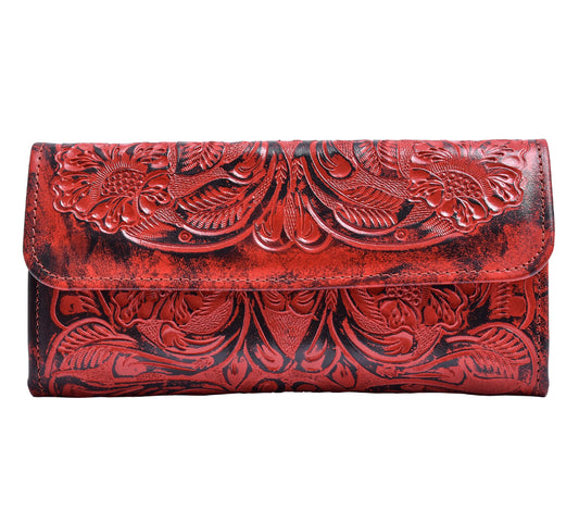 Maya handmade tooled leather clutch purse red front