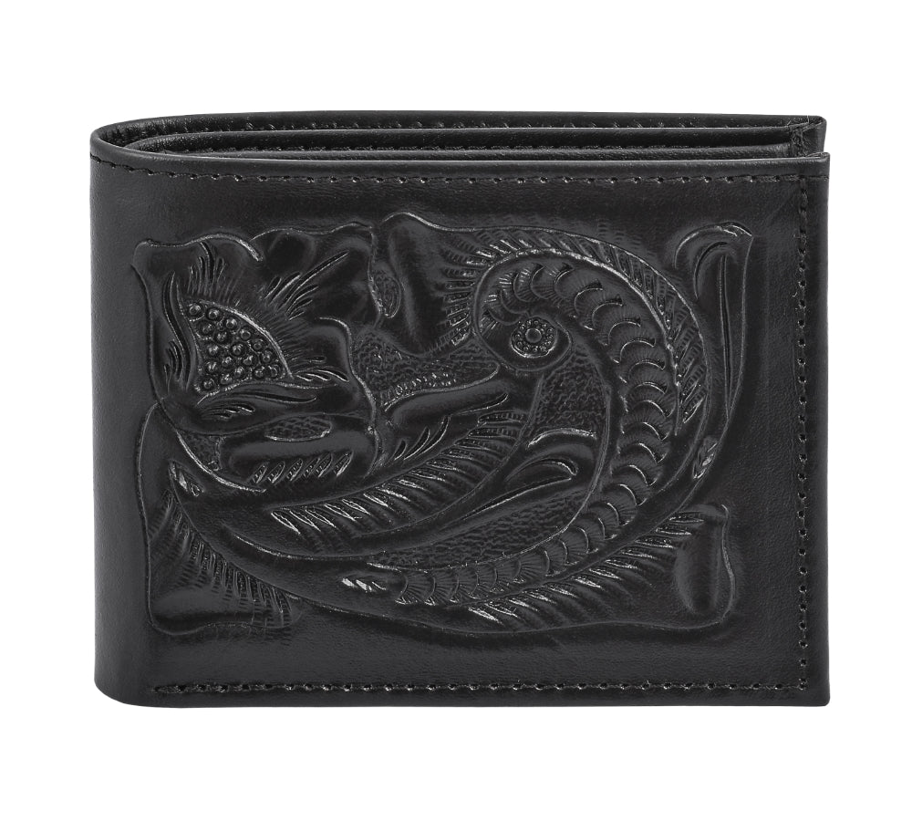 Otomi handmade tooled leather wallet black front