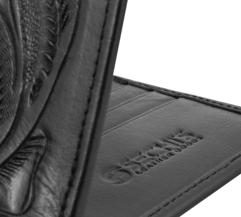 Otomi handmade tooled leather wallet black stitching detail