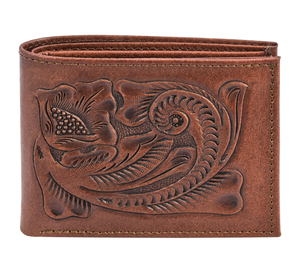 Otomi handmade tooled leather wallet copper front