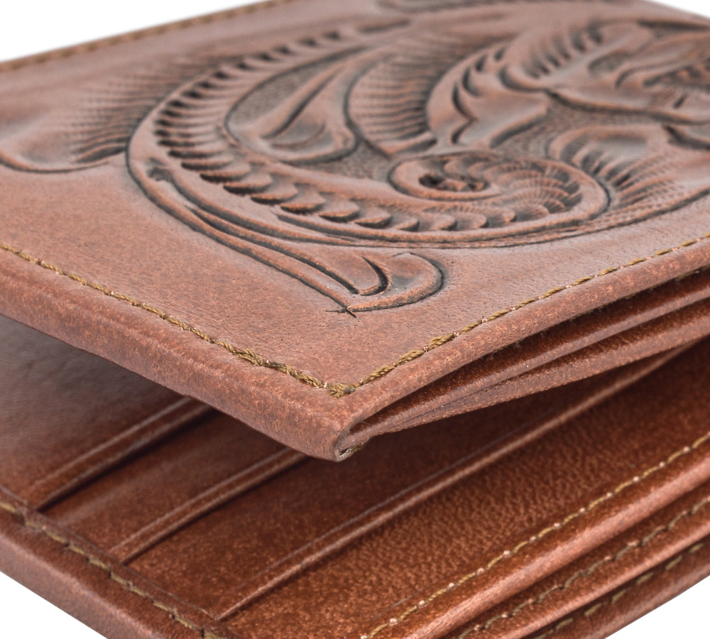 Otomi handmade tooled leather wallet copper stitching detail