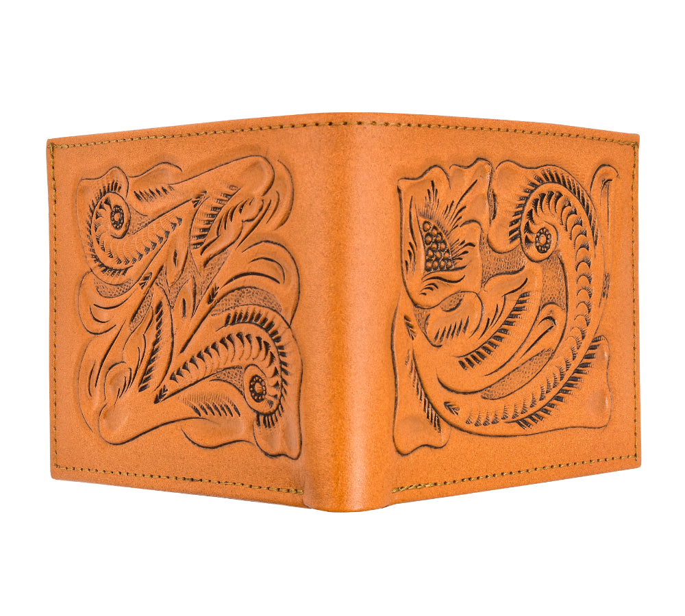 Otomi handmade tooled leather wallet tan back