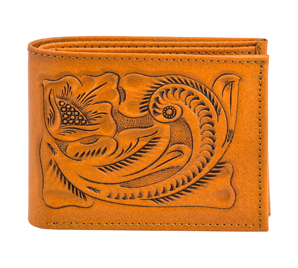 Otomi handmade tooled leather wallet tan front