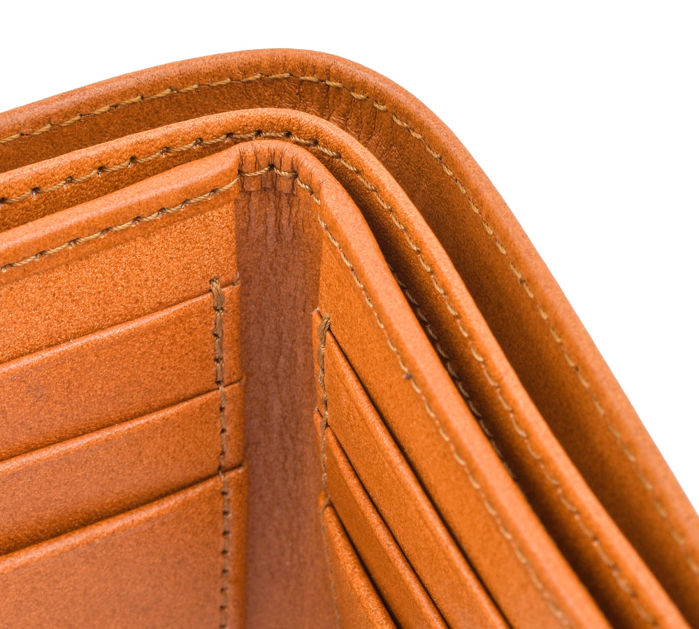 Otomi handmade tooled leather wallet tan stitching detail