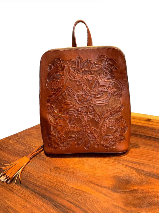 Totem handmade tooled leather backpack chestnut front